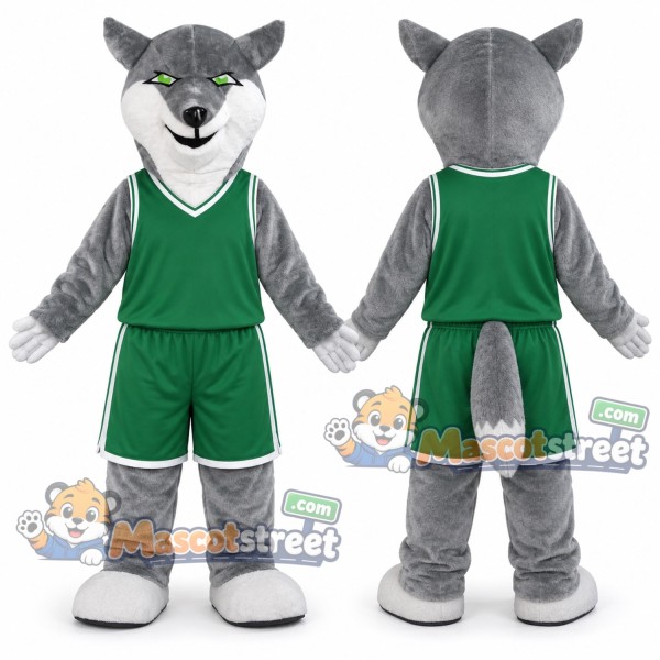 Gray Wolf Mascot Costume with Green Sports Uniform