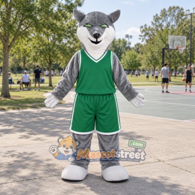 Gray Wolf Mascot Costume with Green Sports Uniform Gray Wolf Mascot Costume with Green Sports Uniform