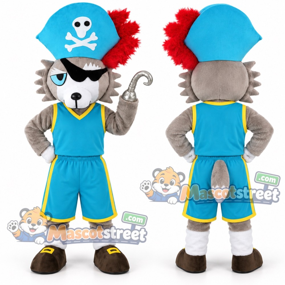 Gray Wolf Mascot Costume with Blue Pirate Outfit and Hat