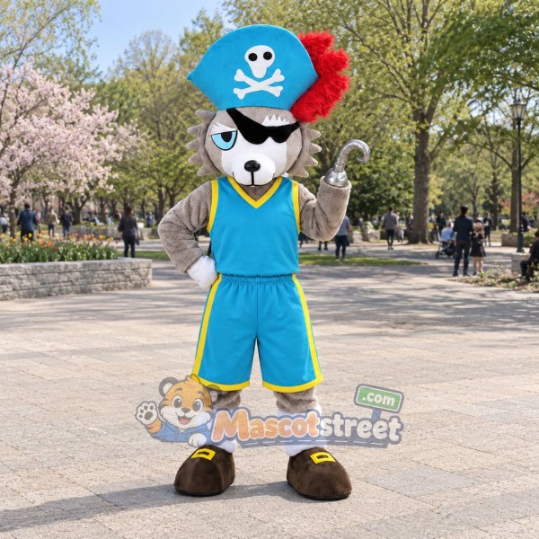 Gray Wolf Mascot Costume with Blue Pirate Outfit and Hat