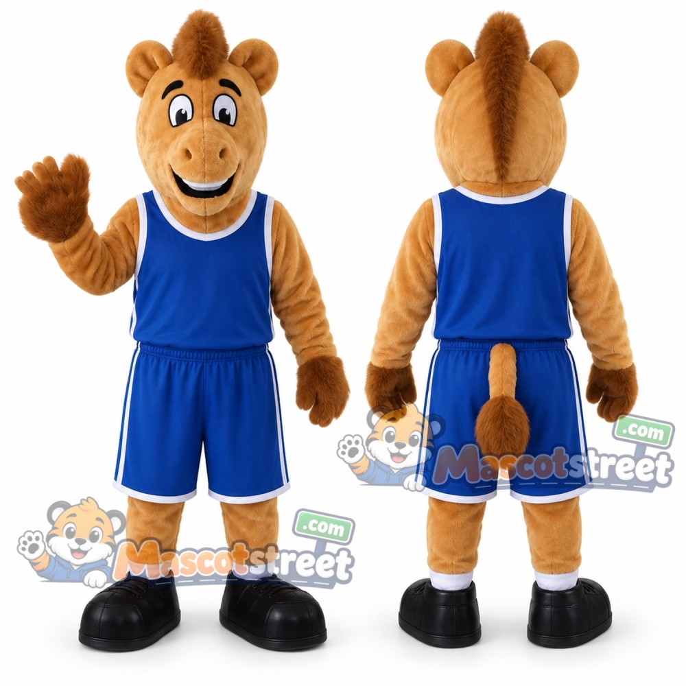 Tan Camel Mascot Costume with Blue Sports Uniform