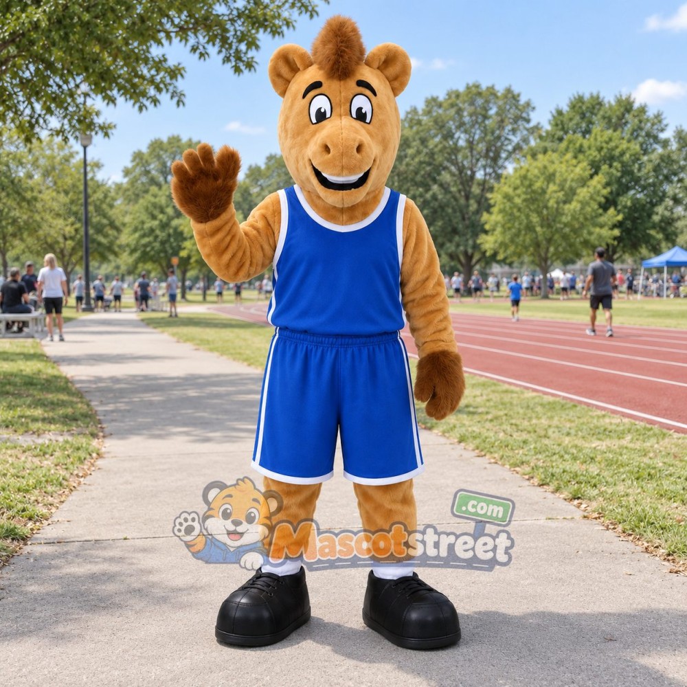 Tan Camel Mascot Costume with Blue Sports Uniform Tan Camel Mascot Costume with Blue Sports Uniform