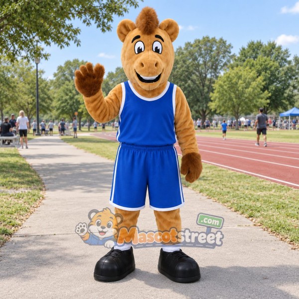 Tan Camel Mascot Costume with Blue Sports Uniform