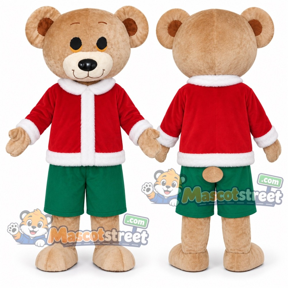 Tan Bear Mascot Costume with Santa Jacket and Green Shorts Tan Bear Mascot Costume with Santa Jacket and Green Shorts