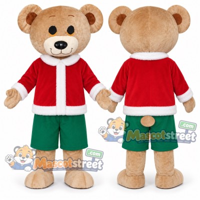 Tan Bear Mascot Costume with Santa Jacket and Green Shorts Tan Bear Mascot Costume with Santa Jacket and Green Shorts