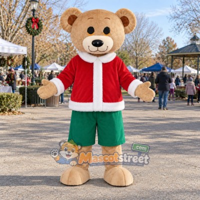 Tan Bear Mascot Costume with Santa Jacket and Green Shorts Tan Bear Mascot Costume with Santa Jacket and Green Shorts