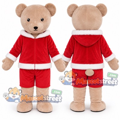 Tan Bear Mascot Costume with Red Santa Suit