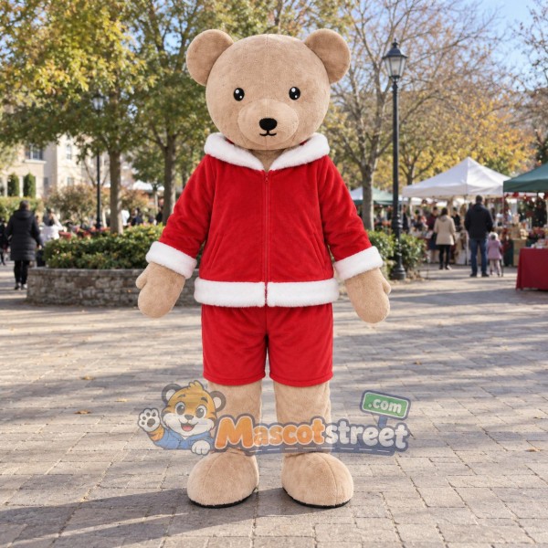Tan Bear Mascot Costume with Red Santa Suit
