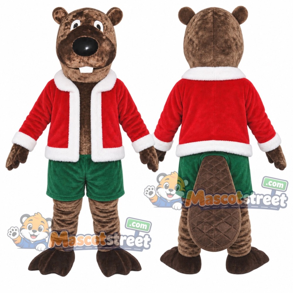 Brown Beaver Mascot Costume with Santa Jacket and Green Shorts