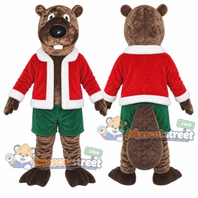 Brown Beaver Mascot Costume with Santa Jacket and Green Shorts