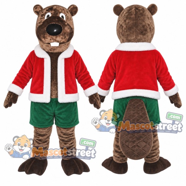 Brown Beaver Mascot Costume with Santa Jacket and Green Shorts