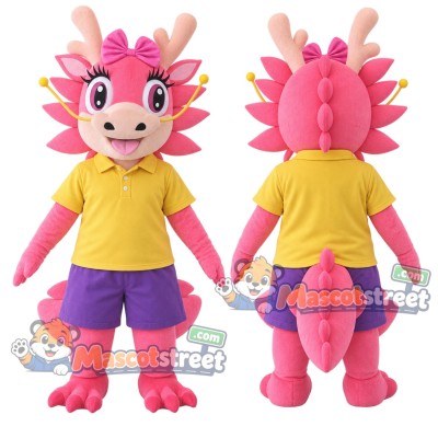 Pink Dragon Mascot Costume with Yellow Shirt and Purple Shorts