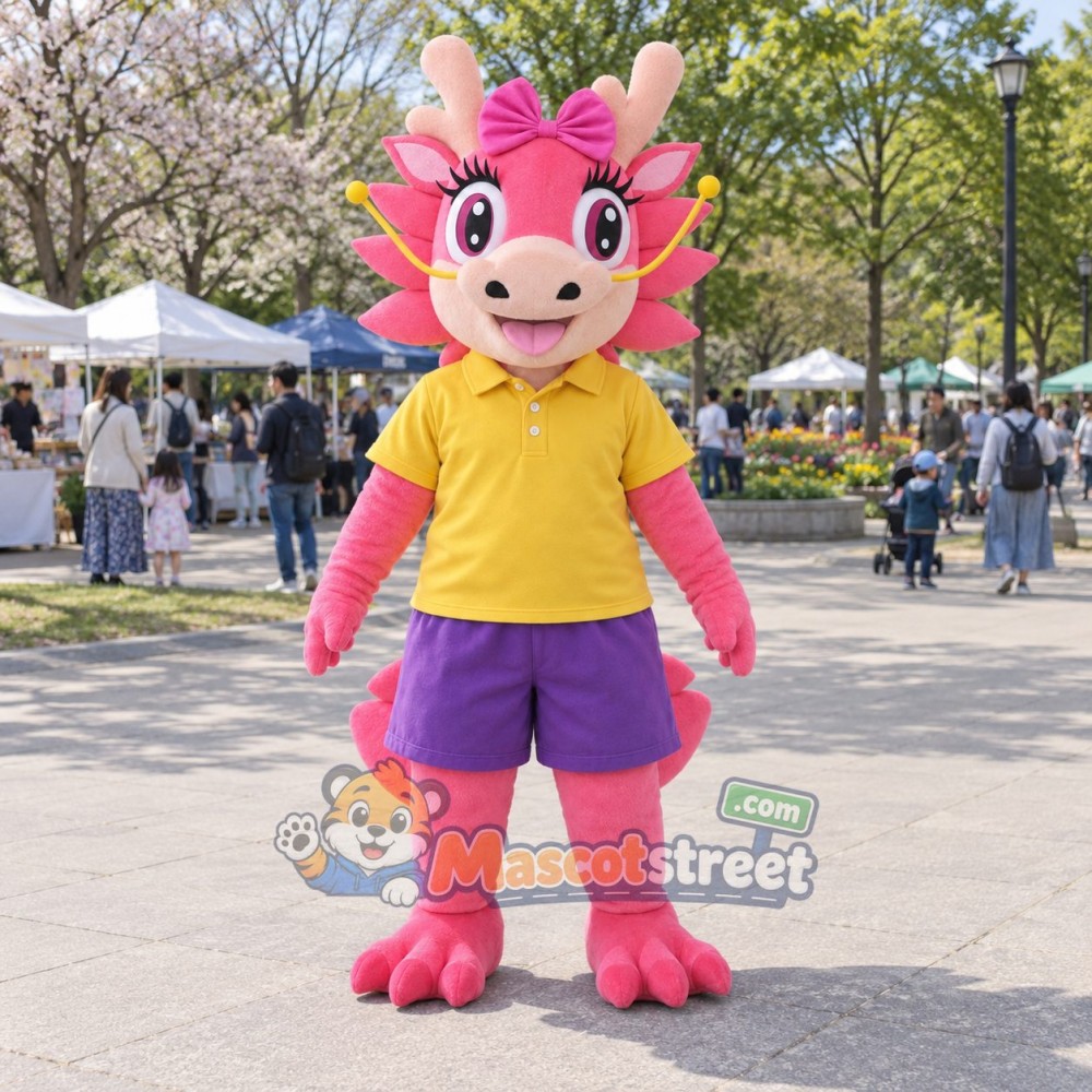 Pink Dragon Mascot Costume with Yellow Shirt and Purple Shorts