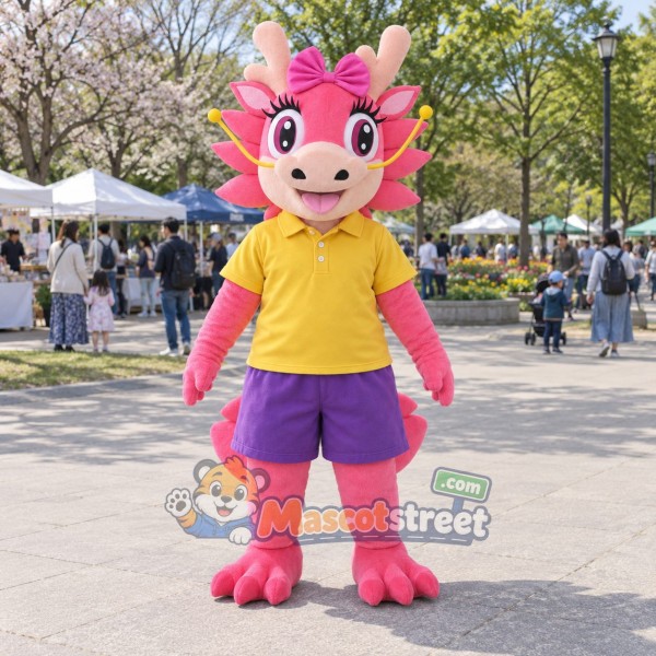 Pink Dragon Mascot Costume with Yellow Shirt and Purple Shorts