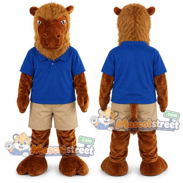 Brown Camel Mascot Costume with Blue Shirt and Tan Shorts