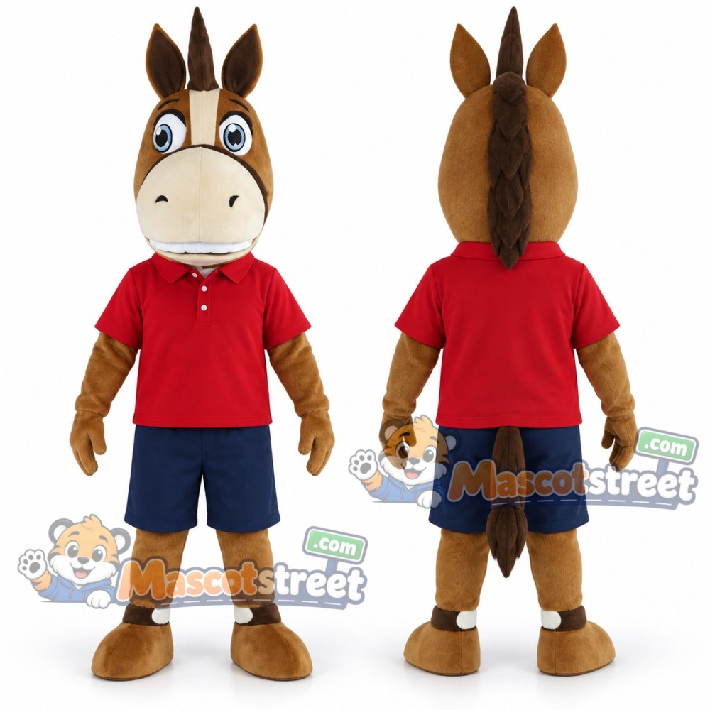 Brown Horse Mascot Costume with Red Shirt and Navy Shorts