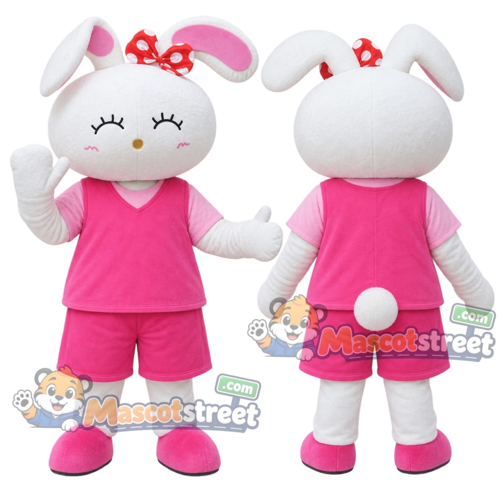 White Rabbit Mascot Costume with Pink Shirt and Pink Shorts