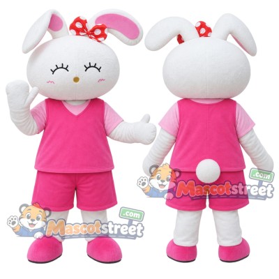 White Rabbit Mascot Costume with Pink Shirt and Pink Shorts