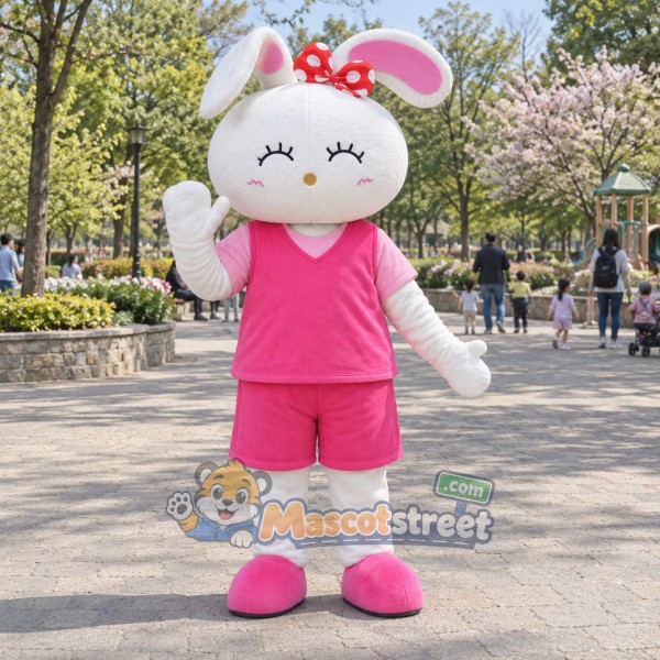 White Rabbit Mascot Costume with Pink Shirt and Pink Shorts