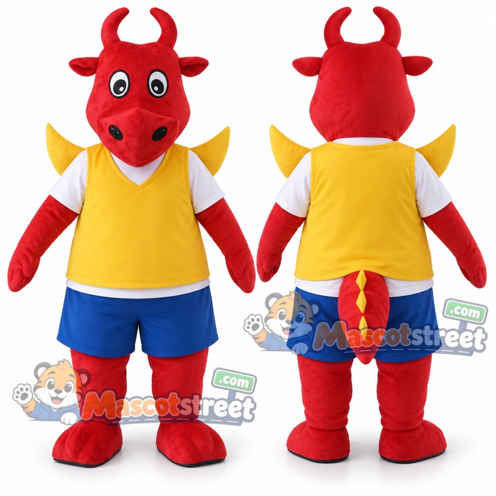 Red Dragon Mascot Costume with Yellow Vest and Blue Shorts