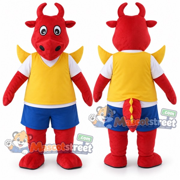 Red Dragon Mascot Costume with Yellow Vest and Blue Shorts