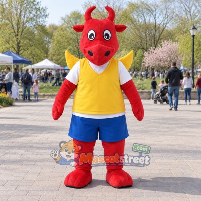 Red Dragon Mascot Costume with Yellow Vest and Blue Shorts