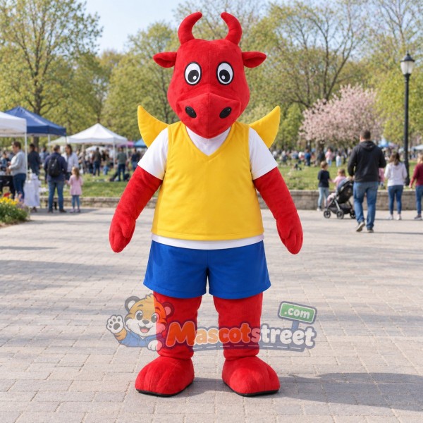Red Dragon Mascot Costume with Yellow Vest and Blue Shorts