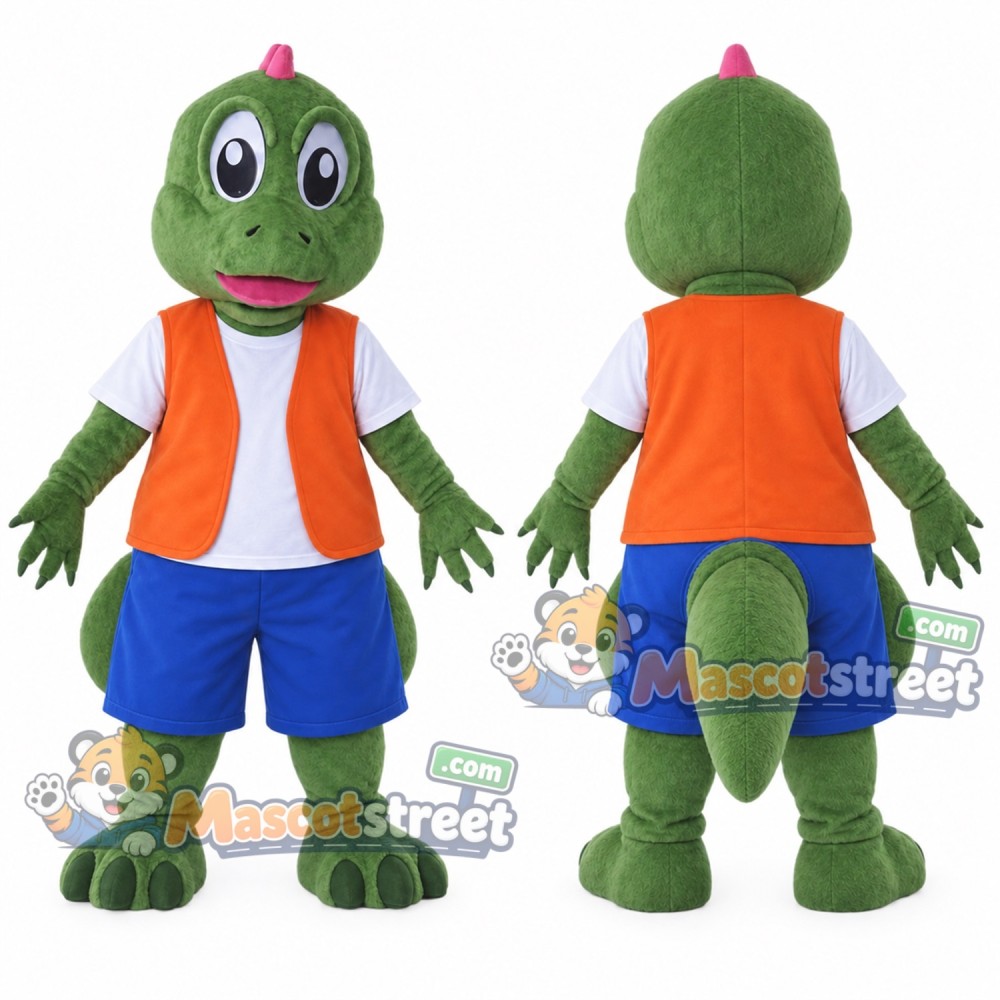 Green Dinosaur Mascot Costume with Orange Vest and Blue Shorts