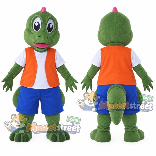 Green Dinosaur Mascot Costume with Orange Vest and Blue Shorts