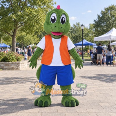 Green Dinosaur Mascot Costume with Orange Vest and Blue Shorts