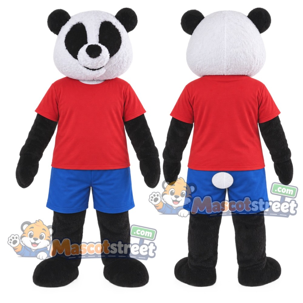 Panda Mascot Costume with Red Shirt and Blue Shorts