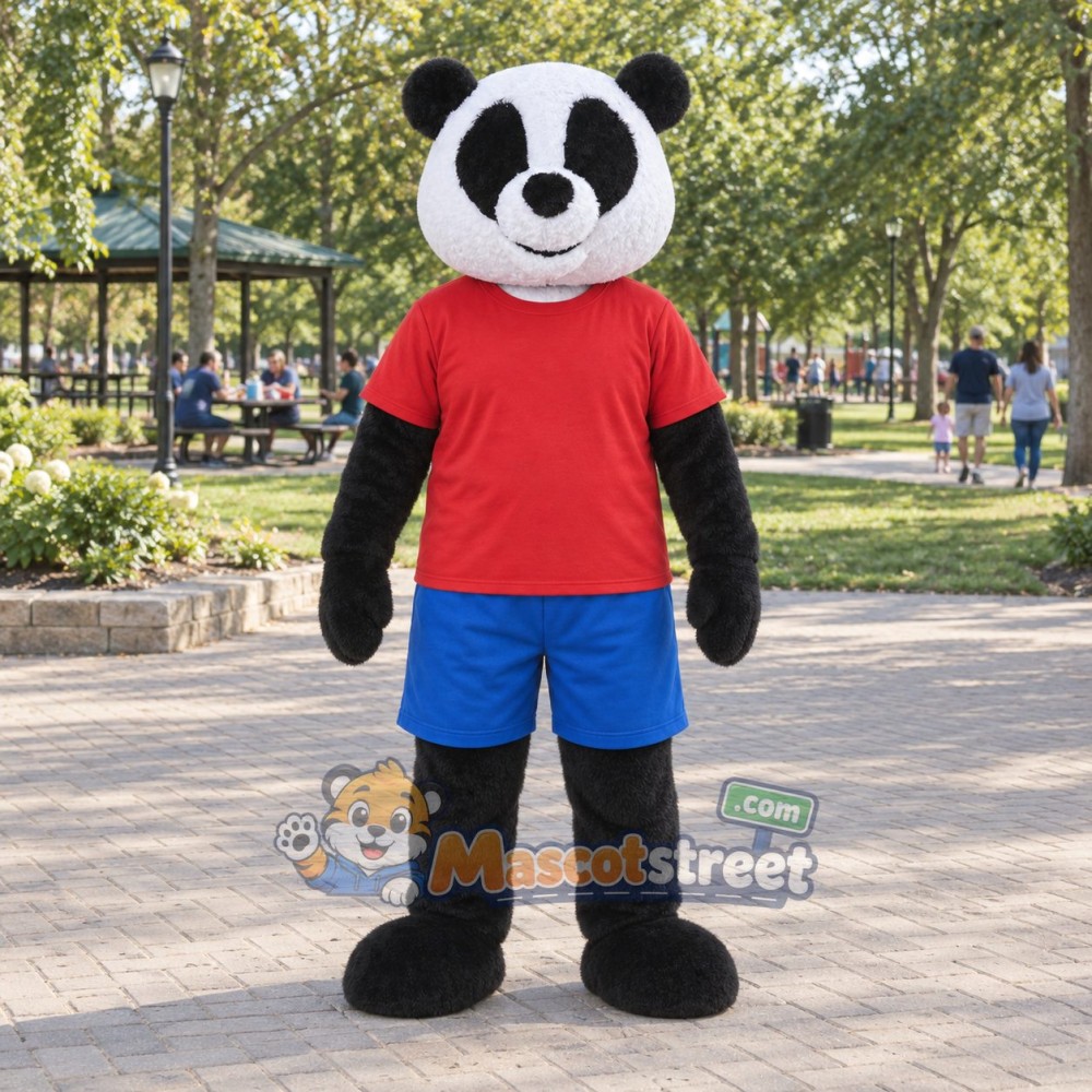 Panda Mascot Costume with Red Shirt and Blue Shorts