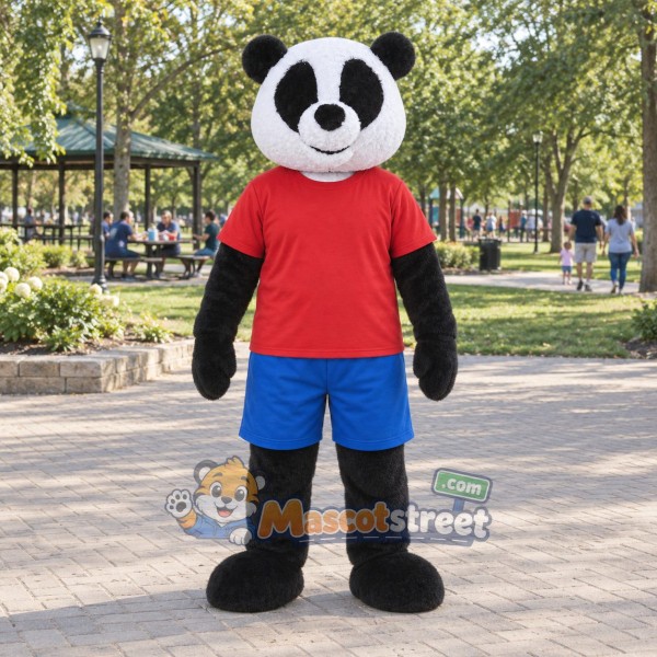 Panda Mascot Costume with Red Shirt and Blue Shorts