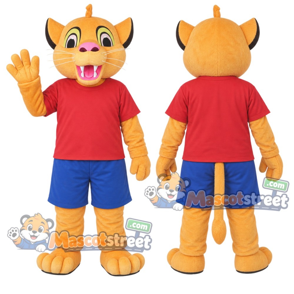 Orange Cat Mascot Costume with Red Shirt and Blue Shorts Orange Cat Mascot Costume with Red Shirt and Blue Shorts
