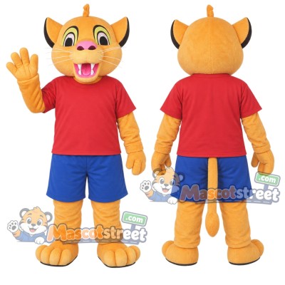 Orange Cat Mascot Costume with Red Shirt and Blue Shorts Orange Cat Mascot Costume with Red Shirt and Blue Shorts