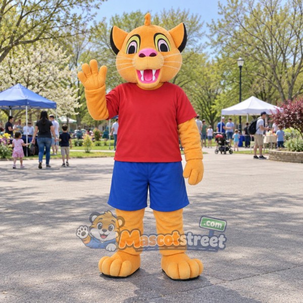 Orange Cat Mascot Costume with Red Shirt and Blue Shorts Orange Cat Mascot Costume with Red Shirt and Blue Shorts