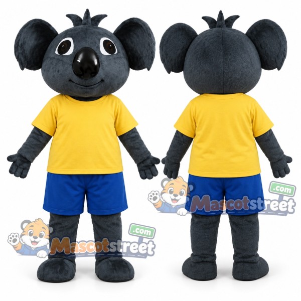 Black Koala Mascot Costume with Yellow Shirt and Blue Shorts