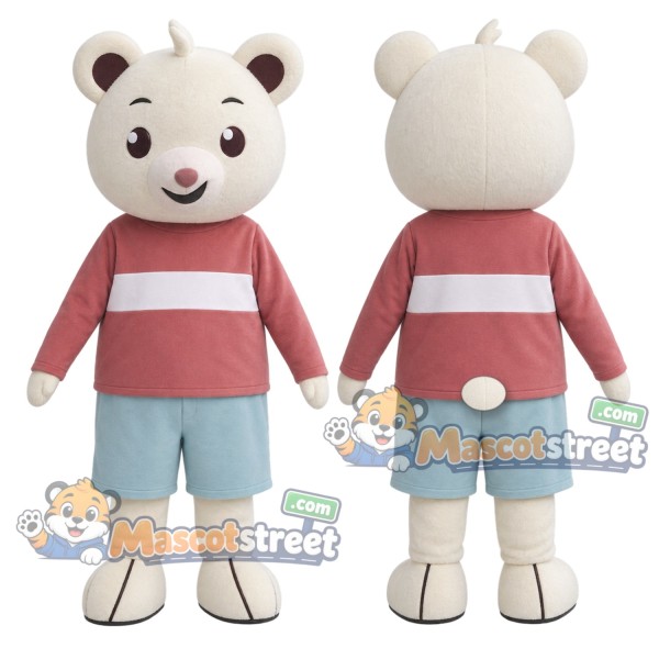 White Bear Mascot Costume with Pink Striped Shirt and Light Blue Shorts