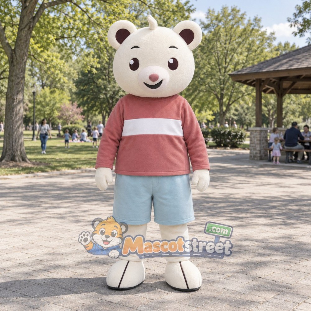White Bear Mascot Costume with Pink Striped Shirt and Light Blue Shorts White Bear Mascot Costume with Pink Striped Shirt and Light Blue Shorts