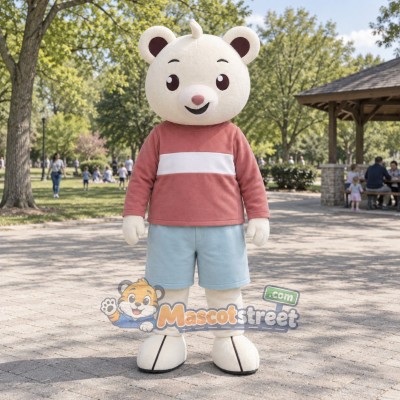 White Bear Mascot Costume with Pink Striped Shirt and Light Blue Shorts White Bear Mascot Costume with Pink Striped Shirt and Light Blue Shorts