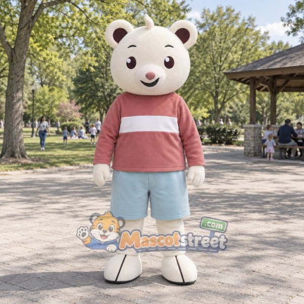 White Bear Mascot Costume with Pink Striped Shirt and Light Blue Shorts