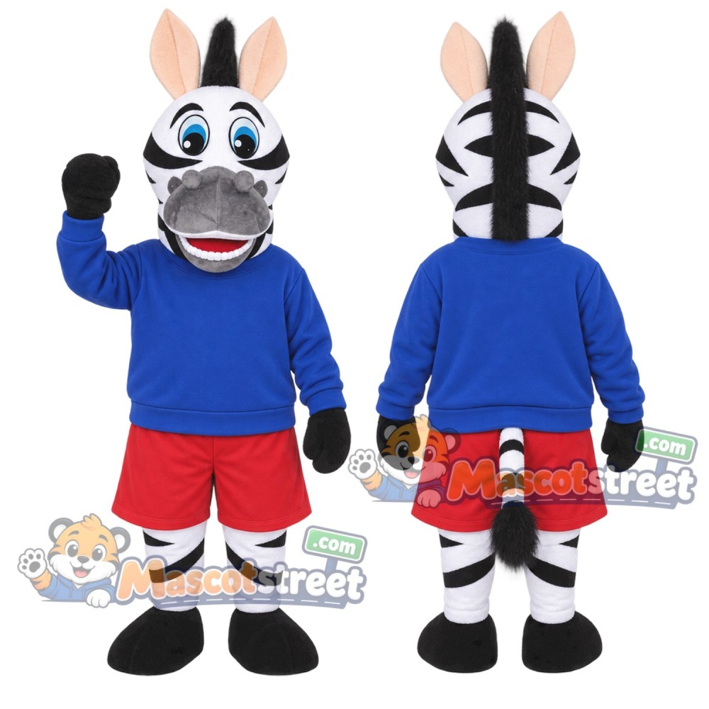Zebra Mascot Costume with Blue Shirt and Red Shorts Zebra Mascot Costume with Blue Shirt and Red Shorts