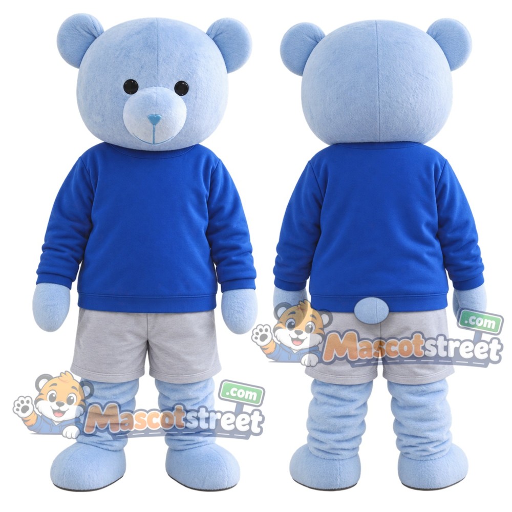 Light Blue Bear Mascot Costume with Blue Shirt and Gray Shorts