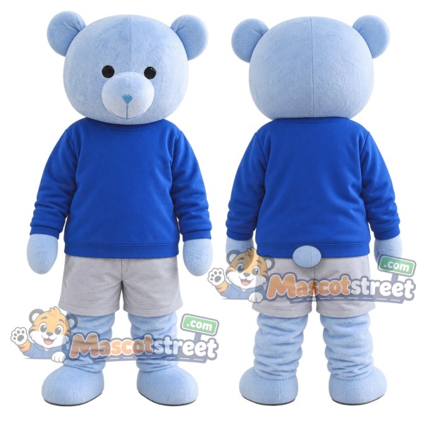 Light Blue Bear Mascot Costume with Blue Shirt and Gray Shorts
