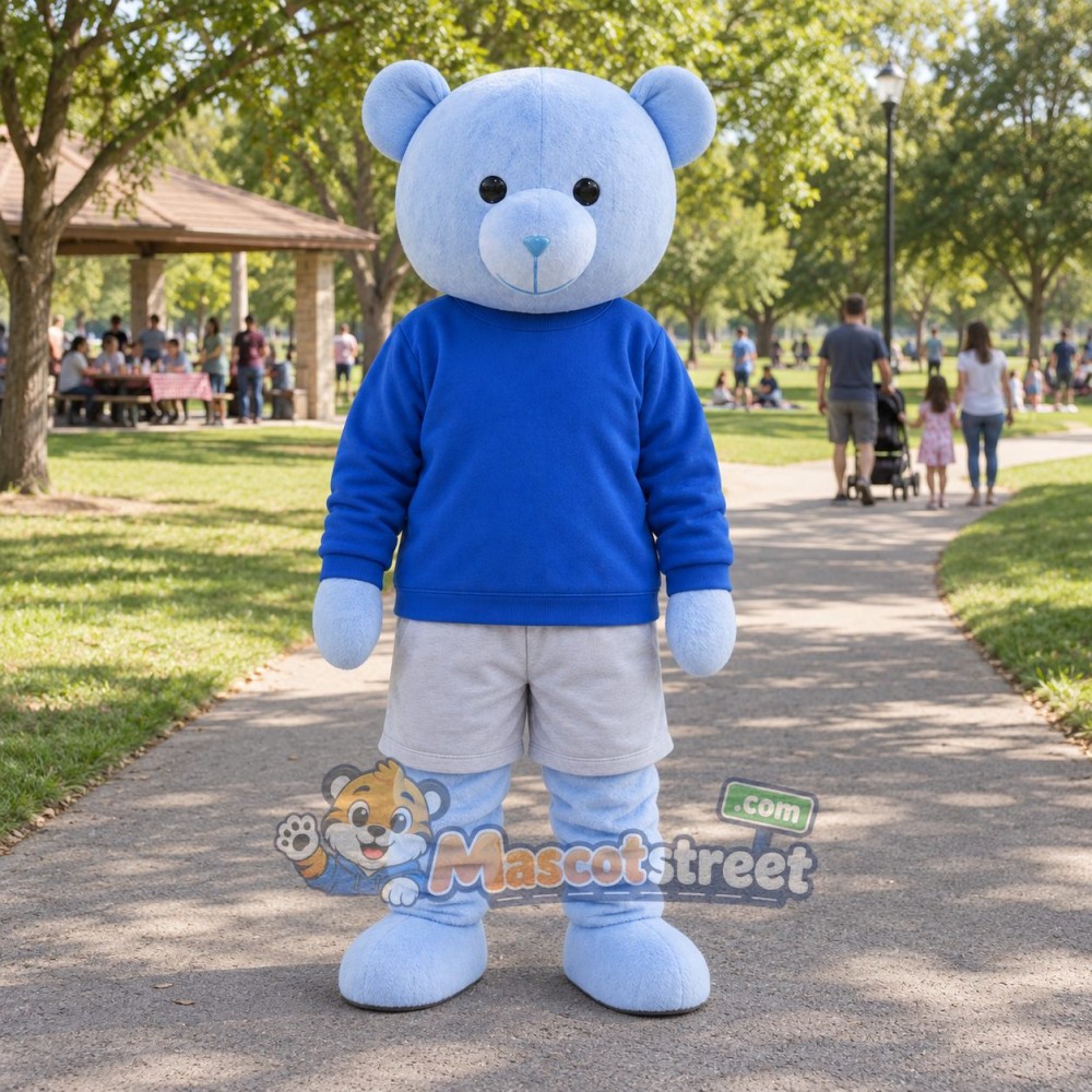 Light Blue Bear Mascot Costume with Blue Shirt and Gray Shorts