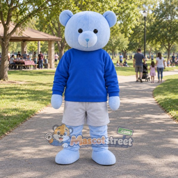 Light Blue Bear Mascot Costume with Blue Shirt and Gray Shorts Light Blue Bear Mascot Costume with Blue Shirt and Gray Shorts