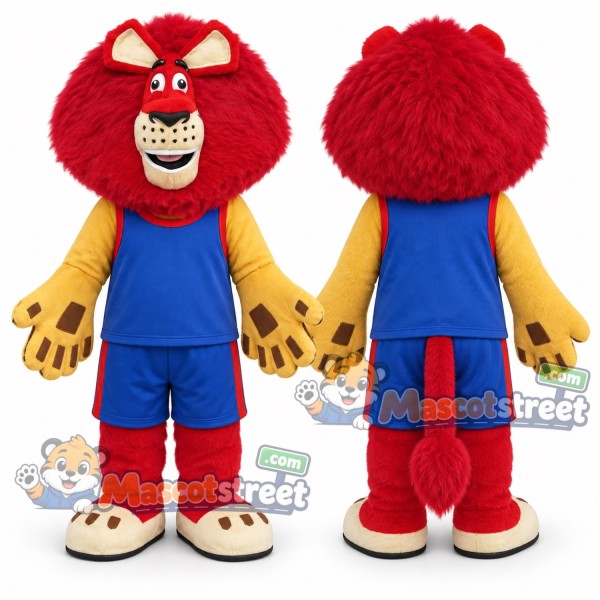 Red Lion Mascot Costume with Blue Sports Uniform