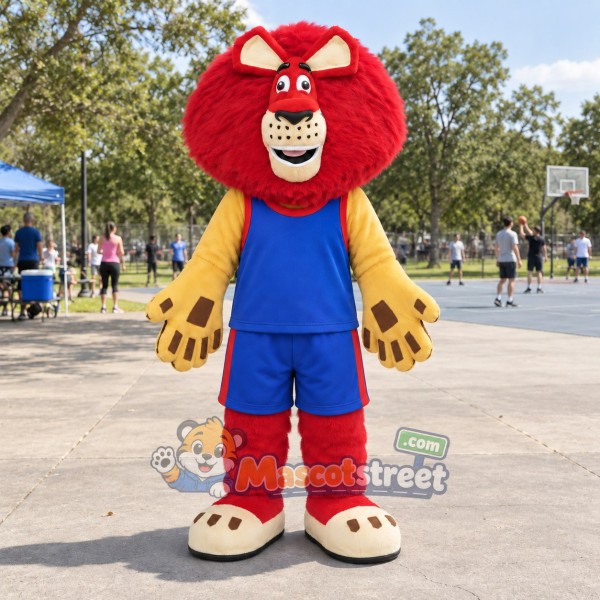 Red Lion Mascot Costume with Blue Sports Uniform