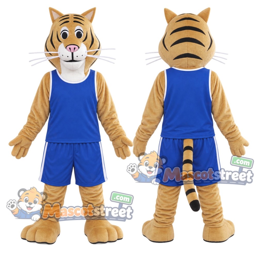 Orange Tiger Mascot Costume with Blue Sports Uniform
