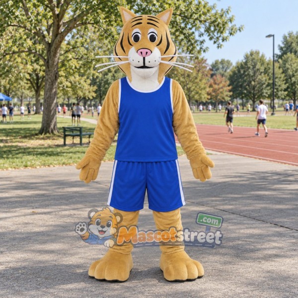 Orange Tiger Mascot Costume with Blue Sports Uniform